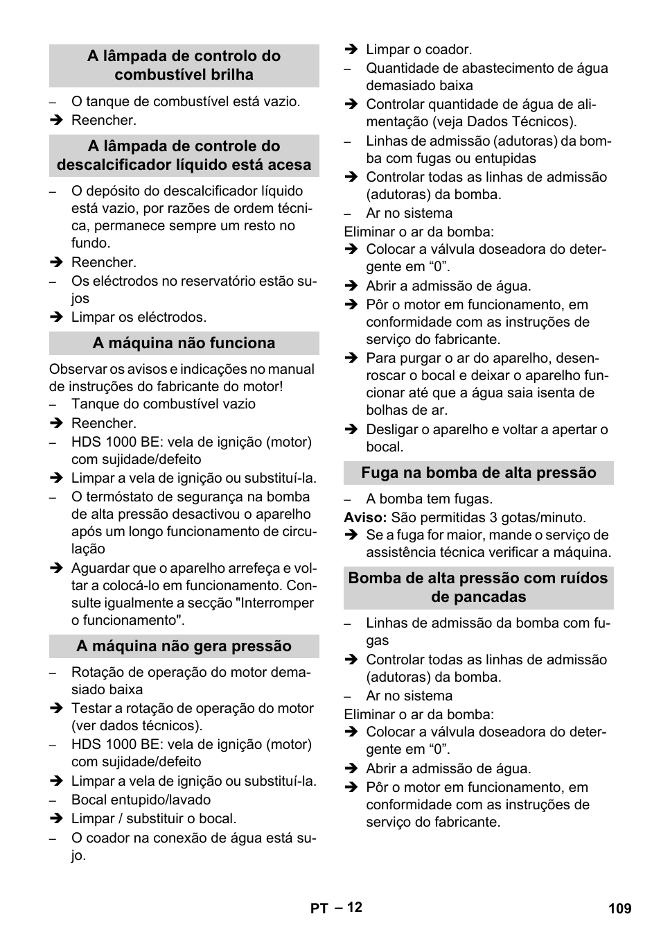 A lâmpada de controlo do combustível brilha, A máquina não funciona, A máquina não gera pressão | Fuga na bomba de alta pressão, Bomba de alta pressão com ruídos de pancadas | Karcher HDS 1000 Be User Manual | Page 109 / 436