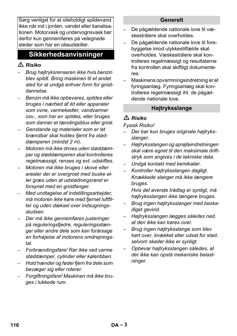 Sikkerhedsanvisninger, Generelt, Højtryksslange | Karcher HDS 1000 Be User Manual | Page 116 / 436