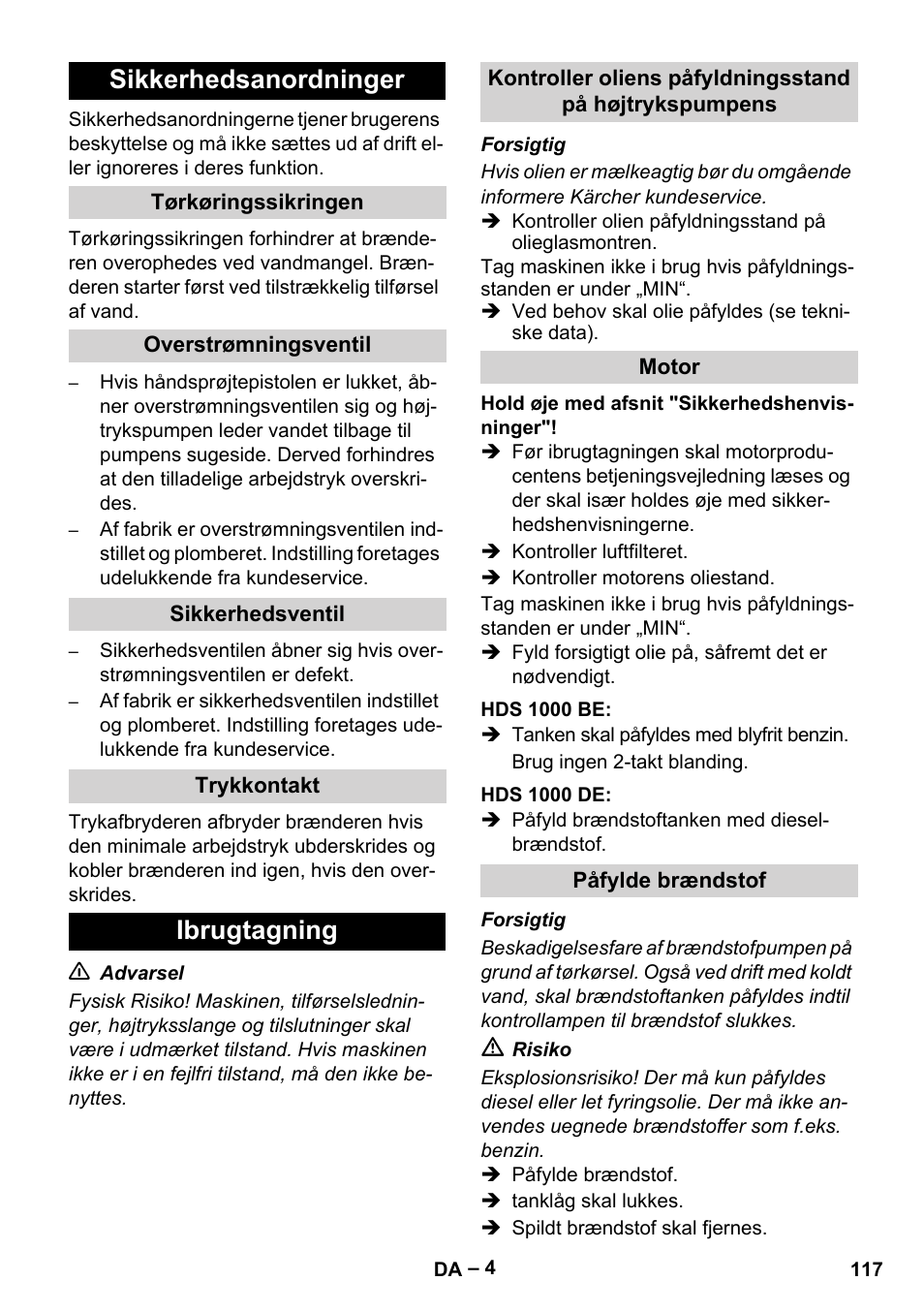 Sikkerhedsanordninger, Tørkøringssikringen, Overstrømningsventil | Sikkerhedsventil, Trykkontakt, Ibrugtagning, Motor, Hds 1000 be, Hds 1000 de, Påfylde brændstof | Karcher HDS 1000 Be User Manual | Page 117 / 436