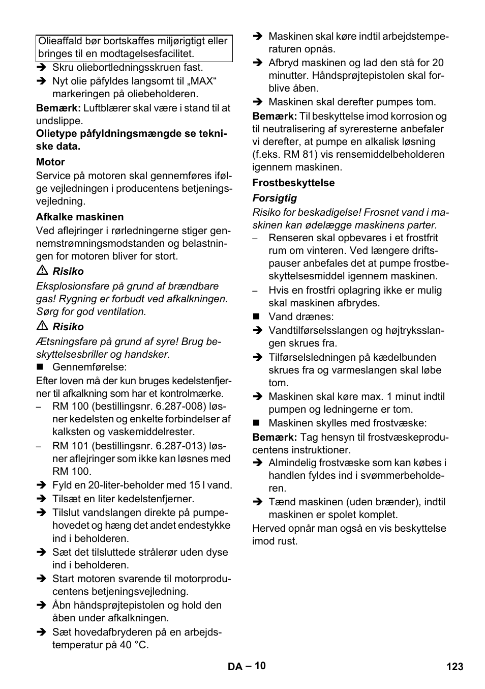 Motor, Afkalke maskinen, Frostbeskyttelse | Karcher HDS 1000 Be User Manual | Page 123 / 436