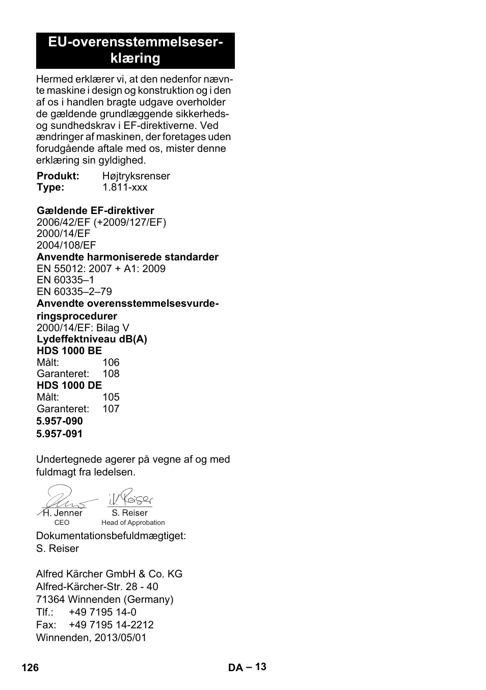 Eu-overensstemmelseserklæring, Eu-overensstemmelseser- klæring | Karcher HDS 1000 Be User Manual | Page 126 / 436