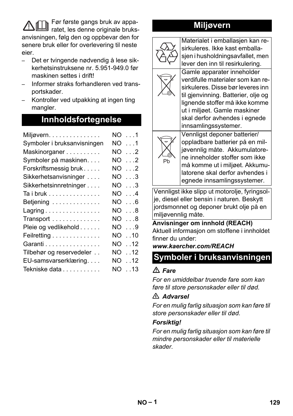 Norsk, Innholdsfortegnelse, Miljøvern | Symboler i bruksanvisningen | Karcher HDS 1000 Be User Manual | Page 129 / 436