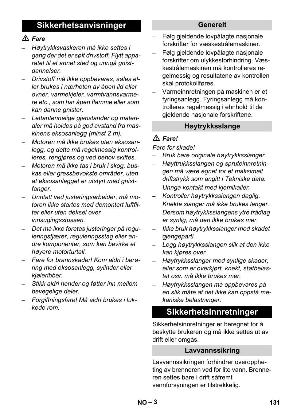 Sikkerhetsanvisninger, Generelt, Høytrykksslange | Sikkerhetsinnretninger, Lavvannssikring | Karcher HDS 1000 Be User Manual | Page 131 / 436