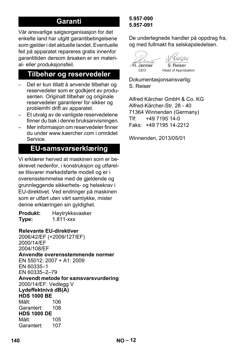 Garanti, Tilbehør og reservedeler, Eu-samsvarserklæring | Karcher HDS 1000 Be User Manual | Page 140 / 436