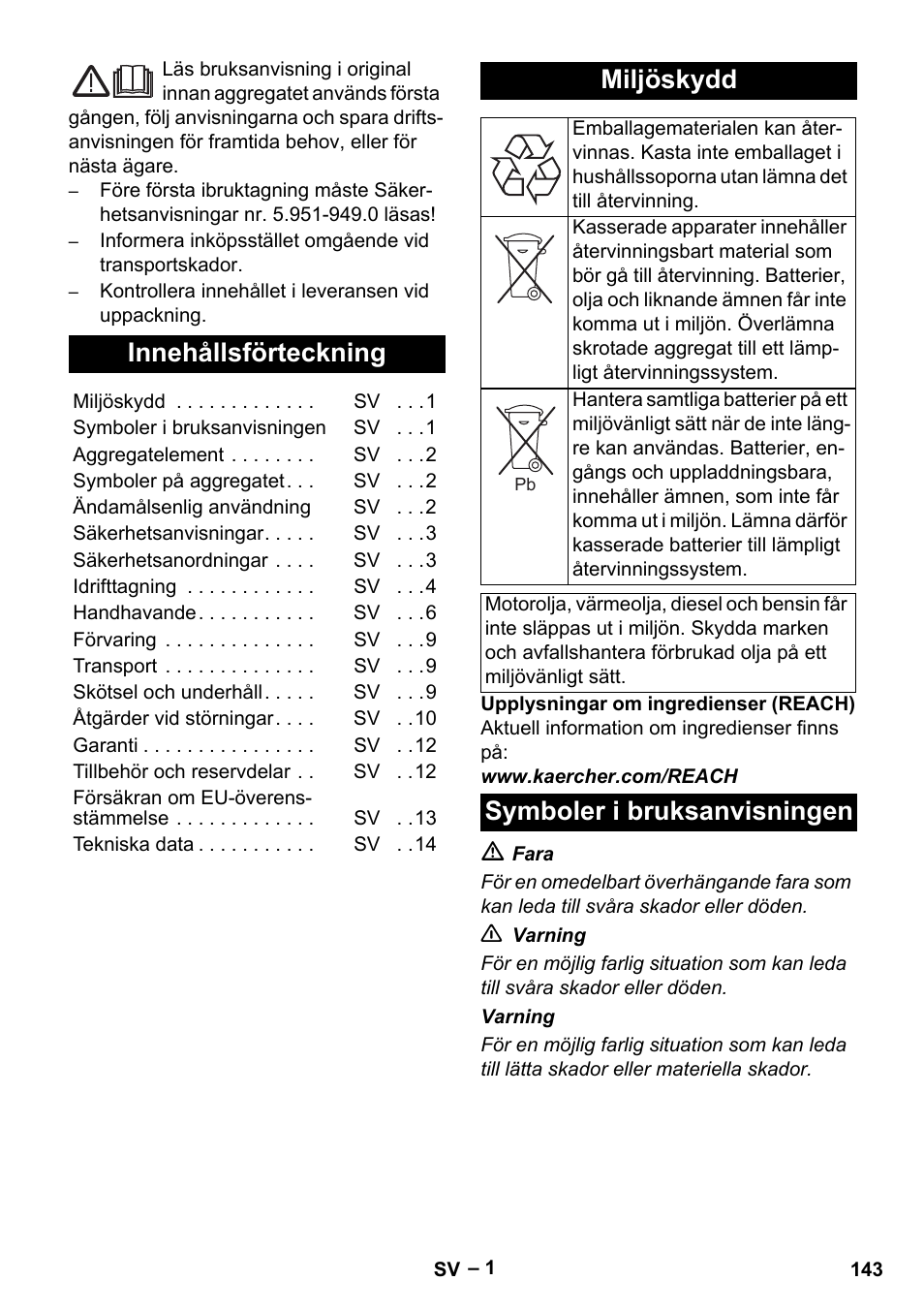 Svenska, Innehållsförteckning, Miljöskydd | Symboler i bruksanvisningen | Karcher HDS 1000 Be User Manual | Page 143 / 436
