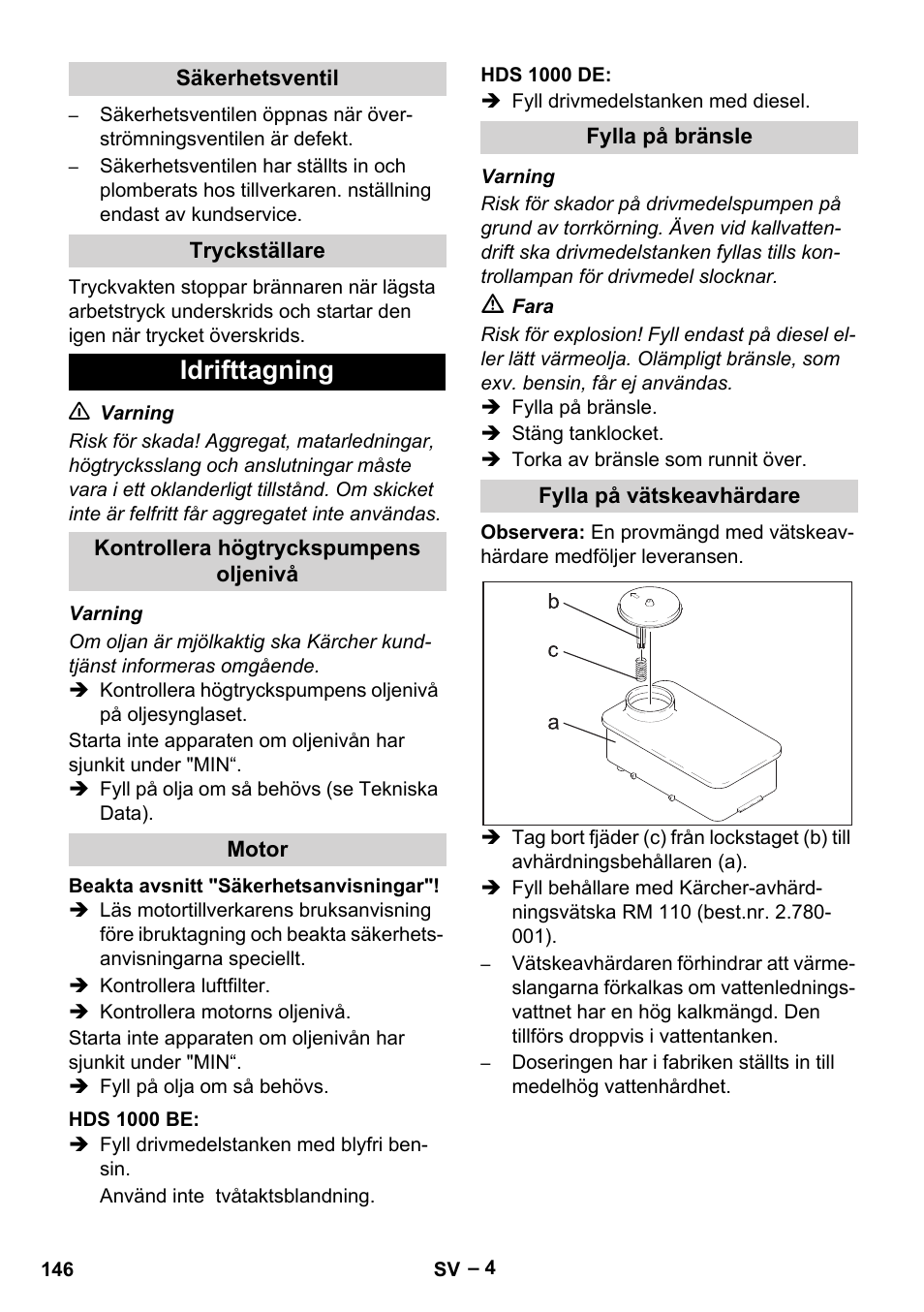 Säkerhetsventil, Tryckställare, Idrifttagning | Kontrollera högtryckspumpens oljenivå, Motor, Hds 1000 be, Hds 1000 de, Fylla på bränsle, Fylla på vätskeavhärdare | Karcher HDS 1000 Be User Manual | Page 146 / 436