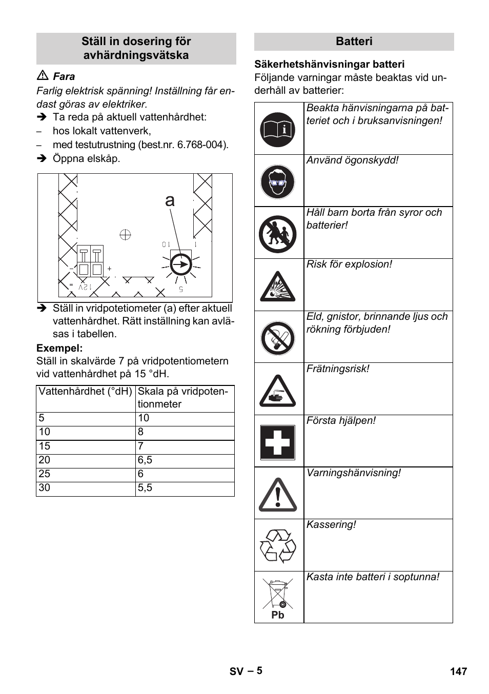 Ställ in dosering för avhärdningsvätska, Batteri, Säkerhetshänvisningar batteri | Karcher HDS 1000 Be User Manual | Page 147 / 436