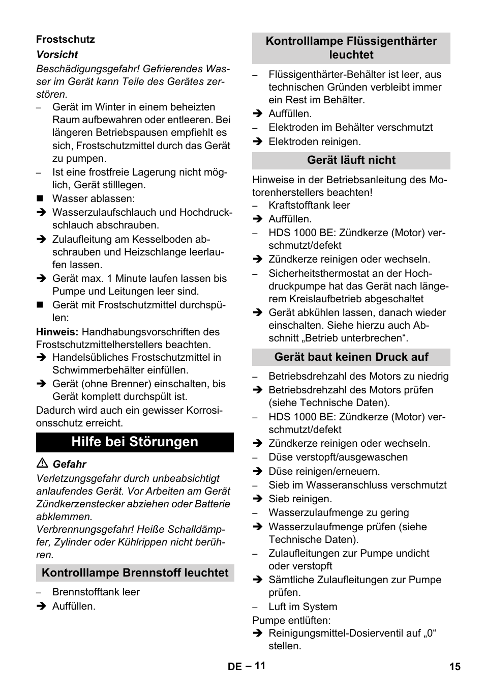 Frostschutz, Hilfe bei störungen, Kontrolllampe brennstoff leuchtet | Kontrolllampe flüssigenthärter leuchtet, Gerät läuft nicht, Gerät baut keinen druck auf | Karcher HDS 1000 Be User Manual | Page 15 / 436