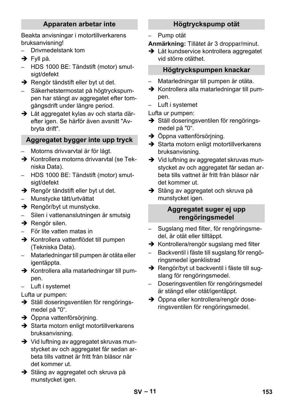 Apparaten arbetar inte, Aggregatet bygger inte upp tryck, Högtryckspump otät | Högtryckspumpen knackar, Aggregatet suger ej upp rengöringsmedel | Karcher HDS 1000 Be User Manual | Page 153 / 436