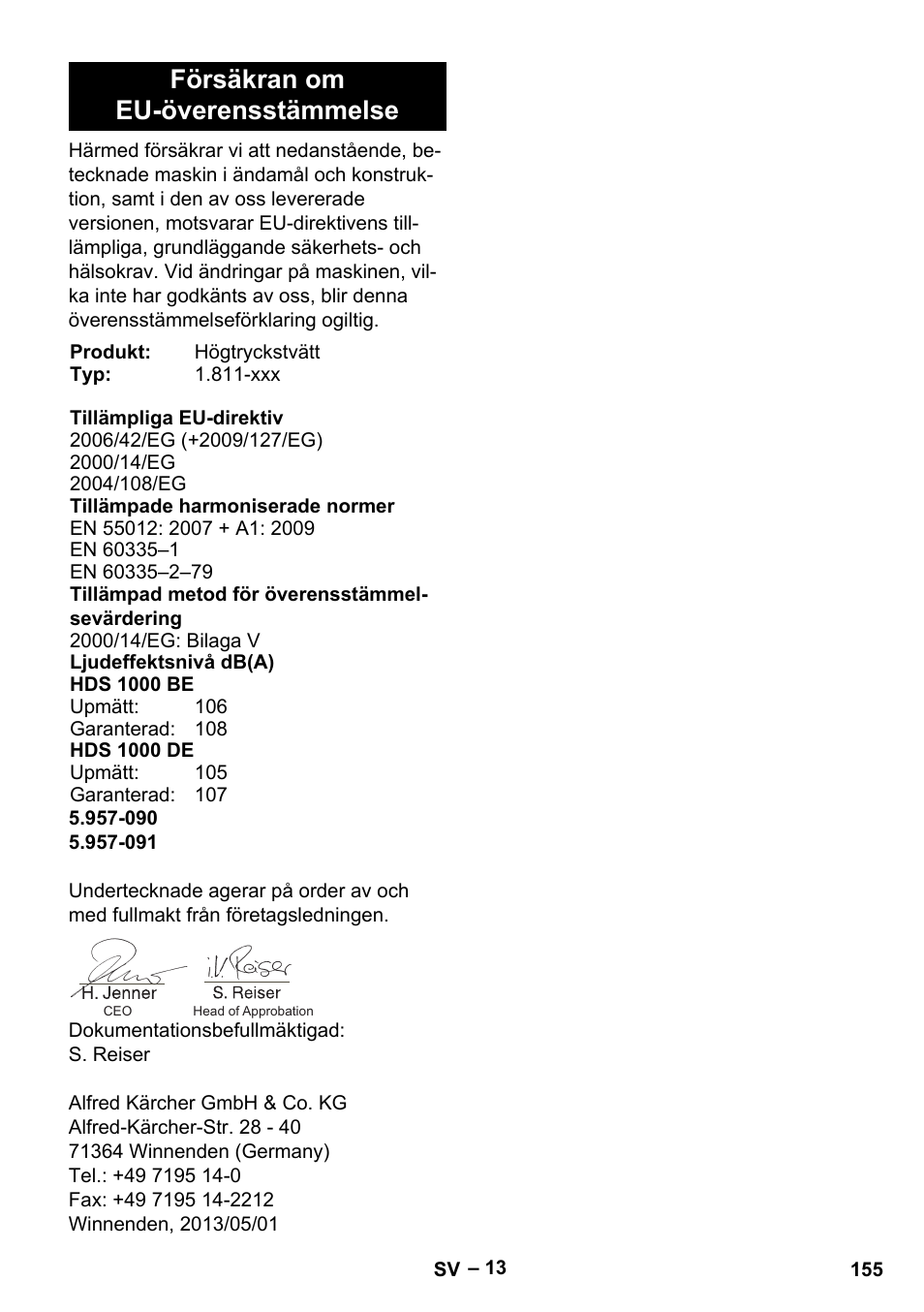 Försäkran om eu-överensstämmelse | Karcher HDS 1000 Be User Manual | Page 155 / 436