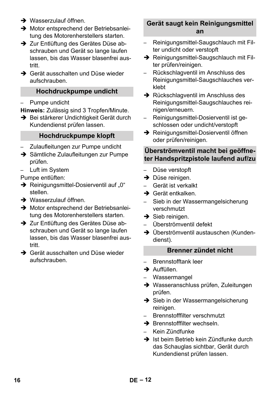 Hochdruckpumpe undicht, Hochdruckpumpe klopft, Gerät saugt kein reinigungsmittel an | Brenner zündet nicht | Karcher HDS 1000 Be User Manual | Page 16 / 436