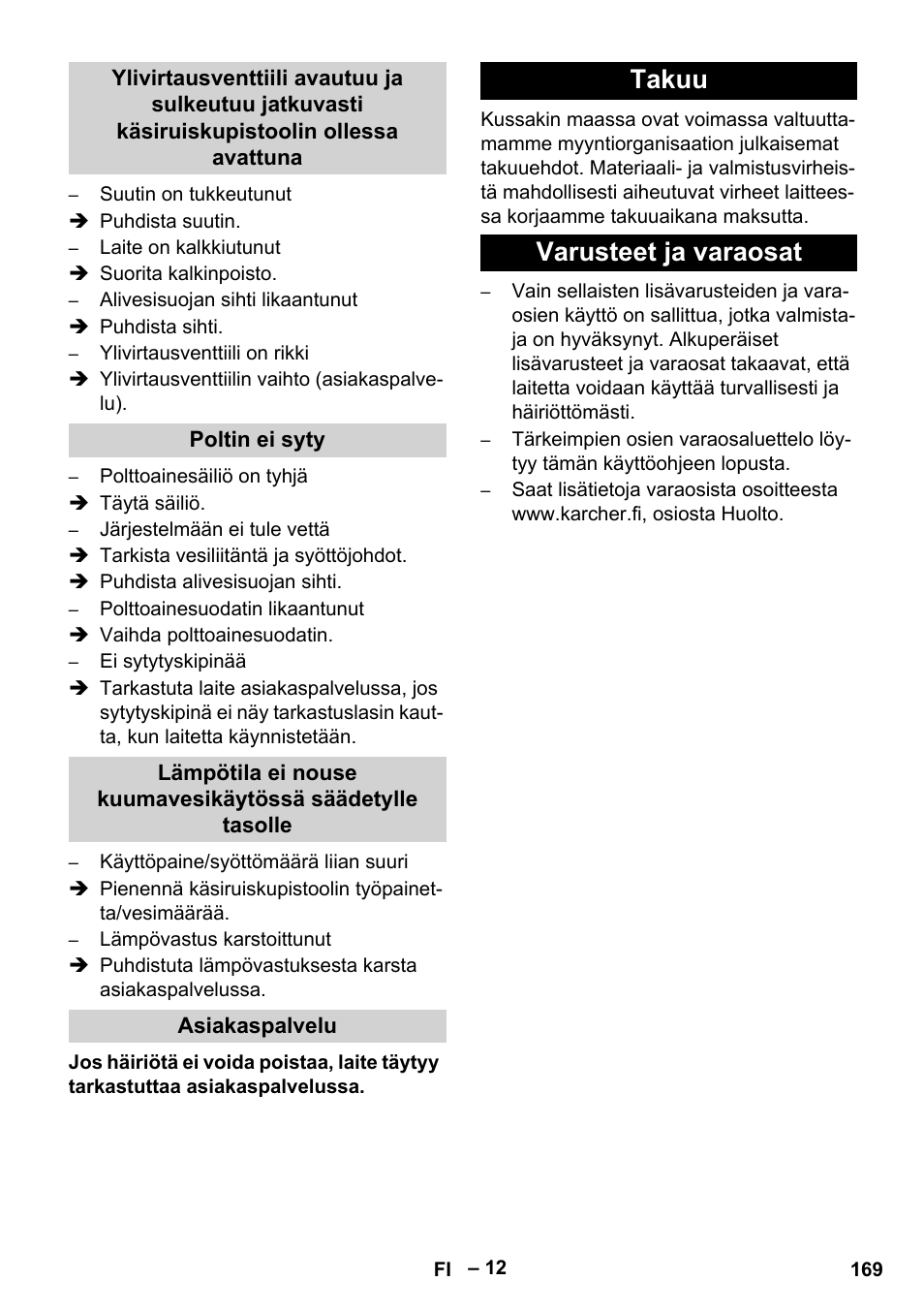 Poltin ei syty, Asiakaspalvelu, Takuu | Varusteet ja varaosat, Takuu varusteet ja varaosat | Karcher HDS 1000 Be User Manual | Page 169 / 436
