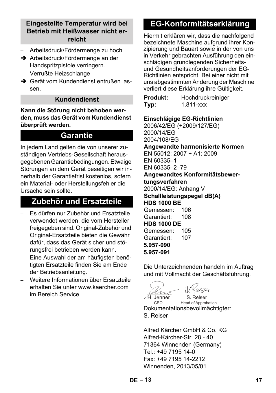 Kundendienst, Garantie, Zubehör und ersatzteile | Eg-konformitätserklärung | Karcher HDS 1000 Be User Manual | Page 17 / 436