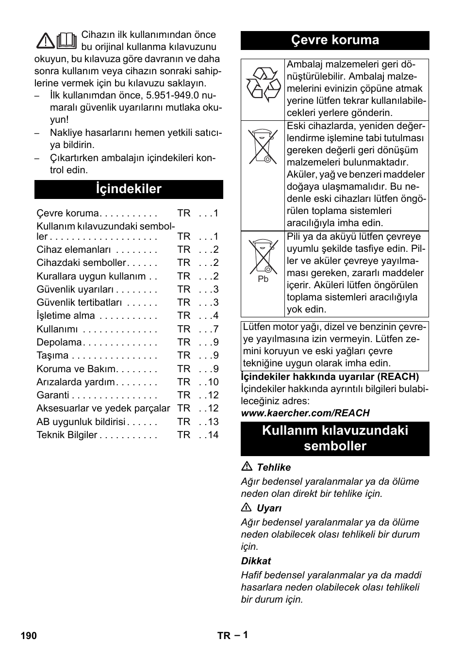 Türkçe, Içindekiler, Çevre koruma | Kullanım kılavuzundaki semboller | Karcher HDS 1000 Be User Manual | Page 190 / 436