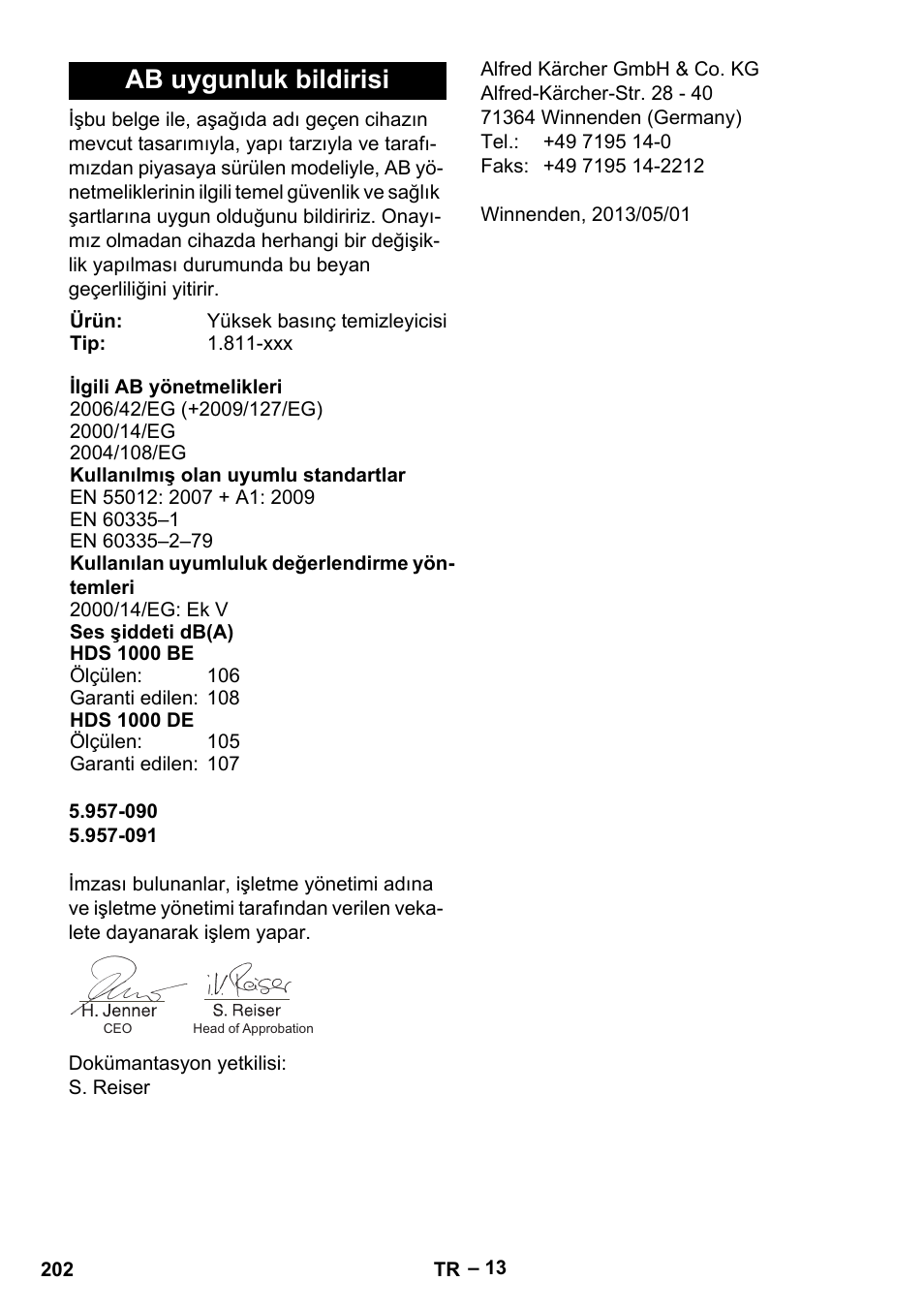 Ab uygunluk bildirisi | Karcher HDS 1000 Be User Manual | Page 202 / 436