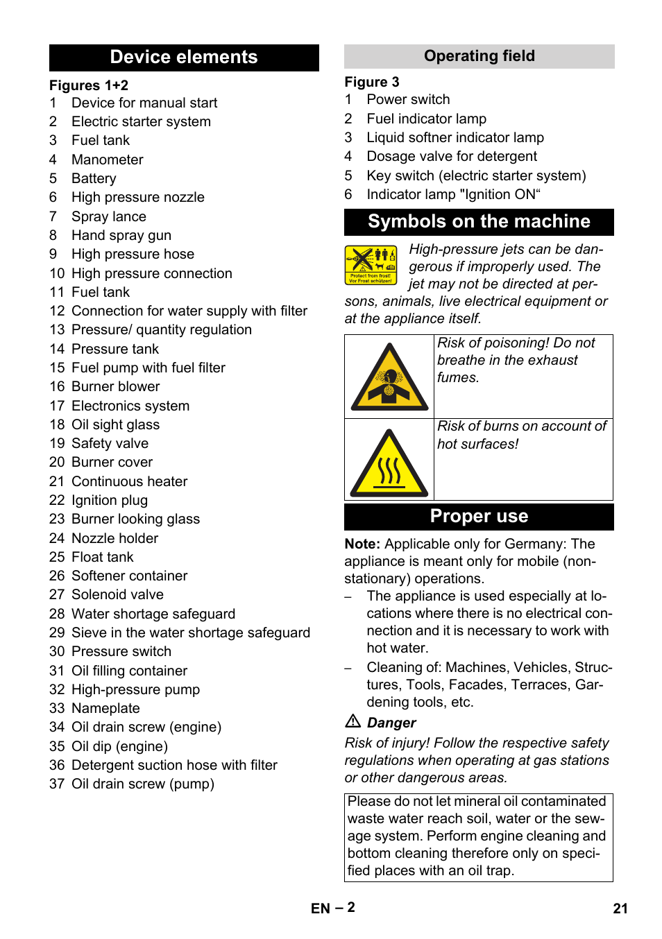 Device elements, Operating field, Symbols on the machine | Proper use | Karcher HDS 1000 Be User Manual | Page 21 / 436