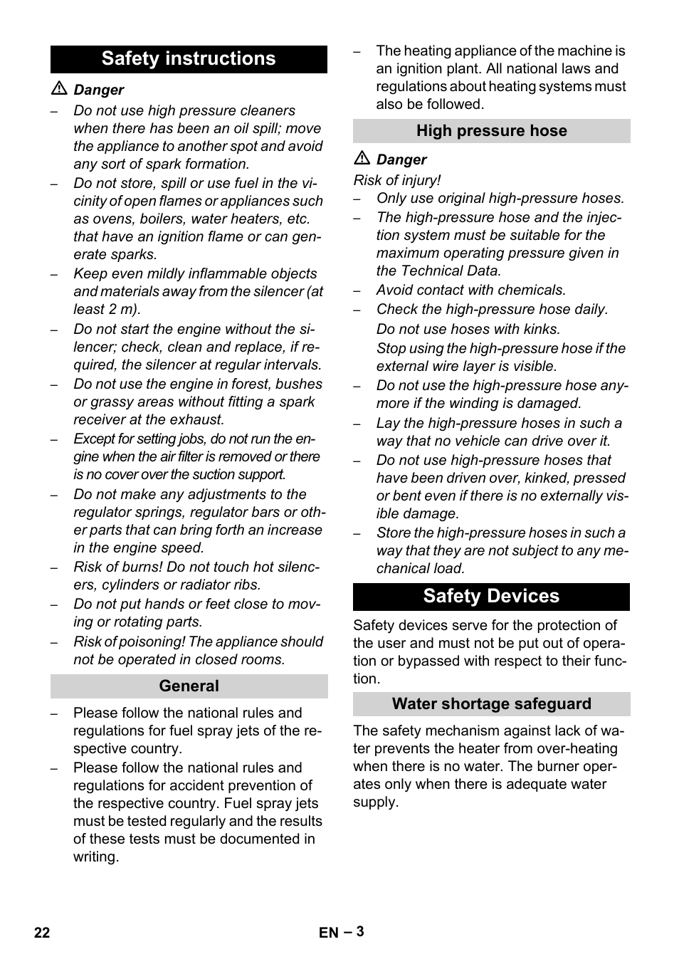 Safety instructions, General, High pressure hose | Safety devices, Water shortage safeguard | Karcher HDS 1000 Be User Manual | Page 22 / 436