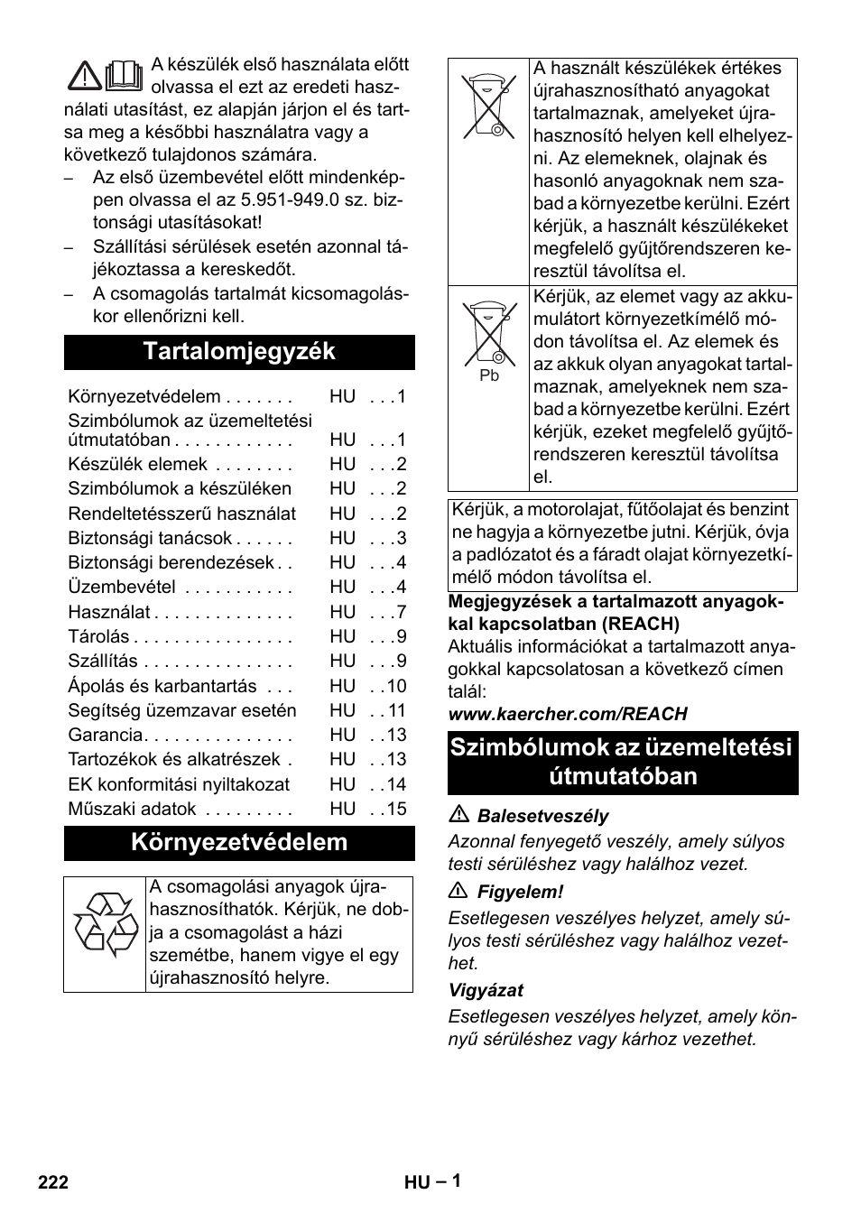 Magyar, Tartalomjegyzék, Környezetvédelem | Szimbólumok az üzemeltetési útmutatóban | Karcher HDS 1000 Be User Manual | Page 222 / 436