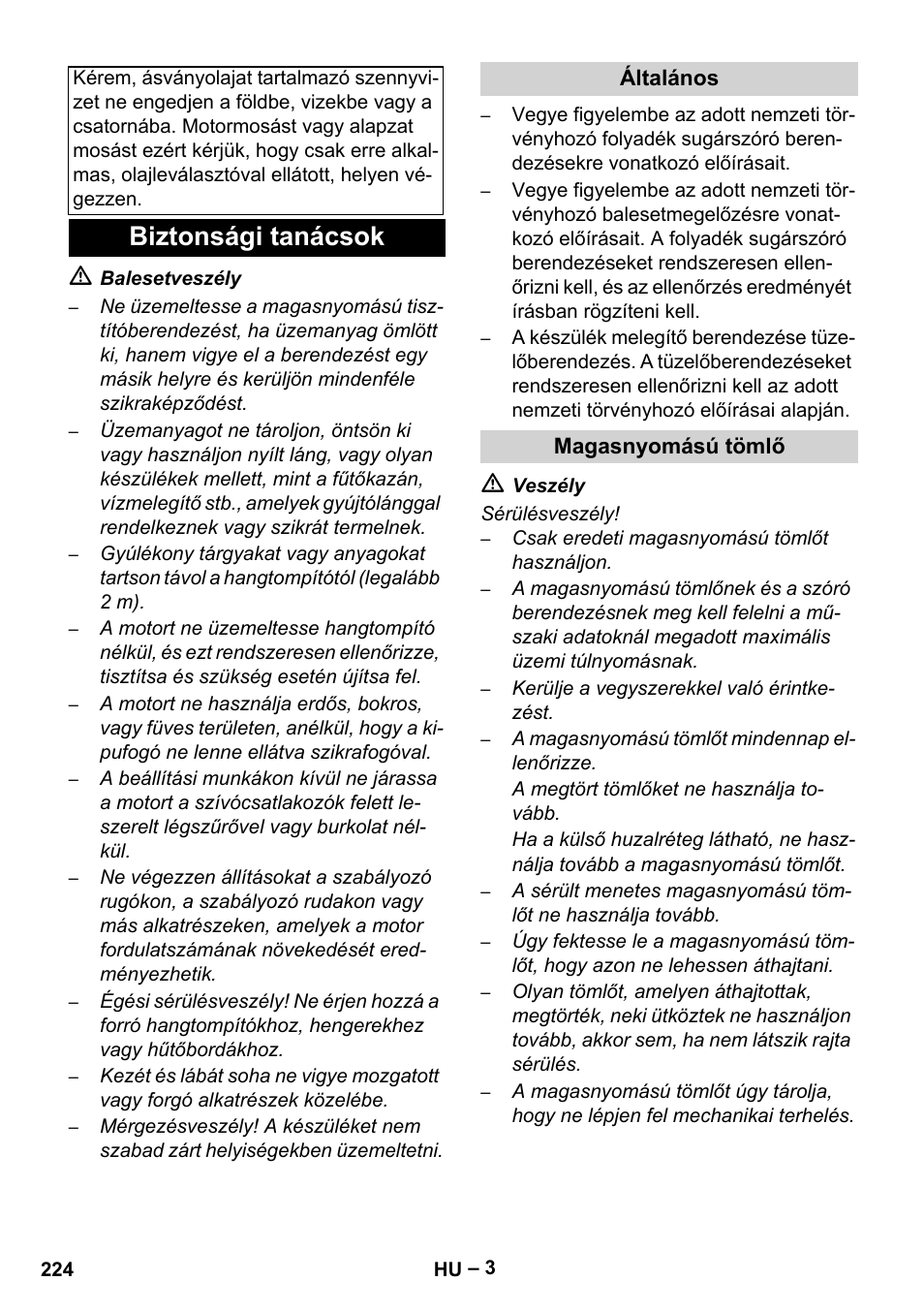 Biztonsági tanácsok, Általános, Magasnyomású tömlő | Karcher HDS 1000 Be User Manual | Page 224 / 436