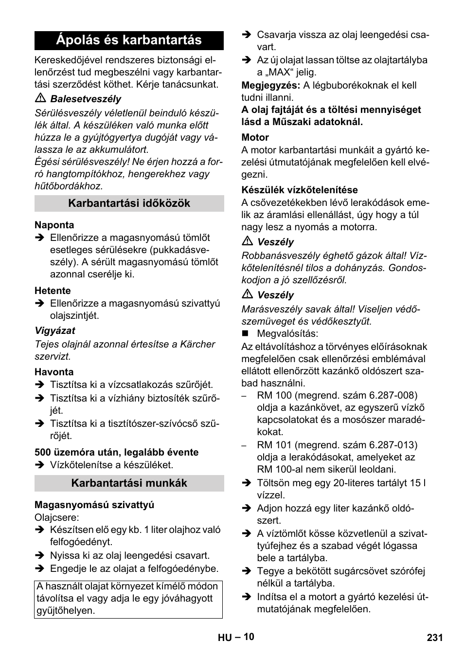 Ápolás és karbantartás, Karbantartási időközök, Naponta | Hetente, Havonta, 500 üzemóra után, legalább évente, Karbantartási munkák, Magasnyomású szivattyú, Motor, Készülék vízkőtelenítése | Karcher HDS 1000 Be User Manual | Page 231 / 436