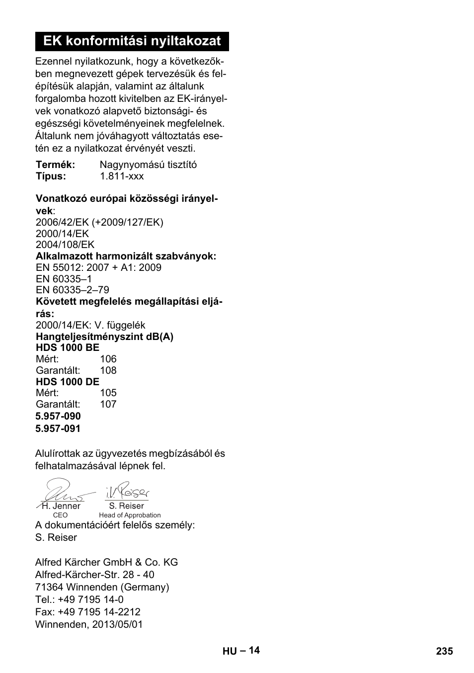 Ek konformitási nyiltakozat | Karcher HDS 1000 Be User Manual | Page 235 / 436