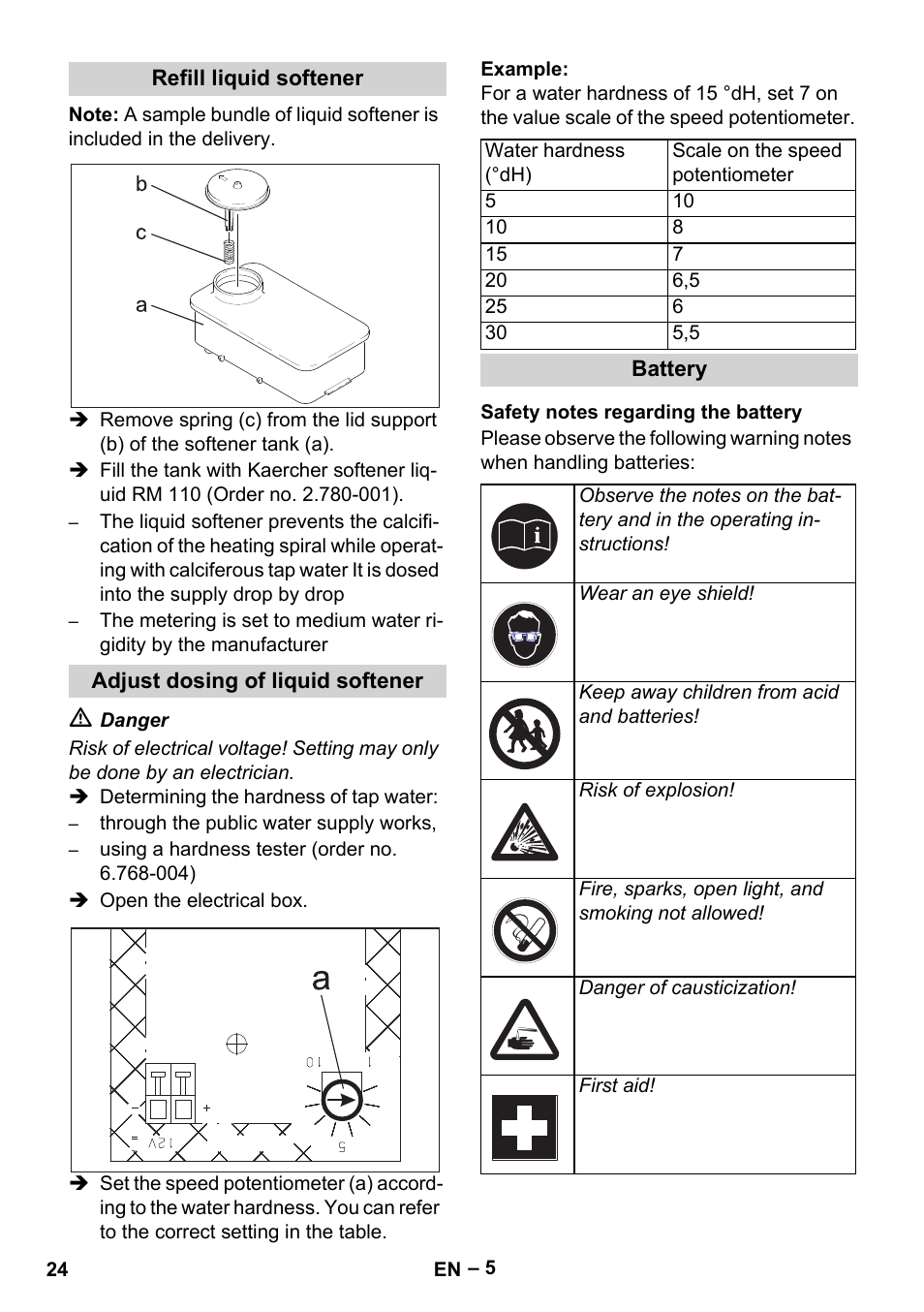 Refill liquid softener, Adjust dosing of liquid softener, Battery | Safety notes regarding the battery | Karcher HDS 1000 Be User Manual | Page 24 / 436