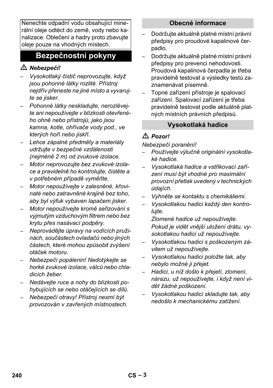 Bezpečnostní pokyny, Obecné informace, Vysokotlaká hadice | Karcher HDS 1000 Be User Manual | Page 240 / 436