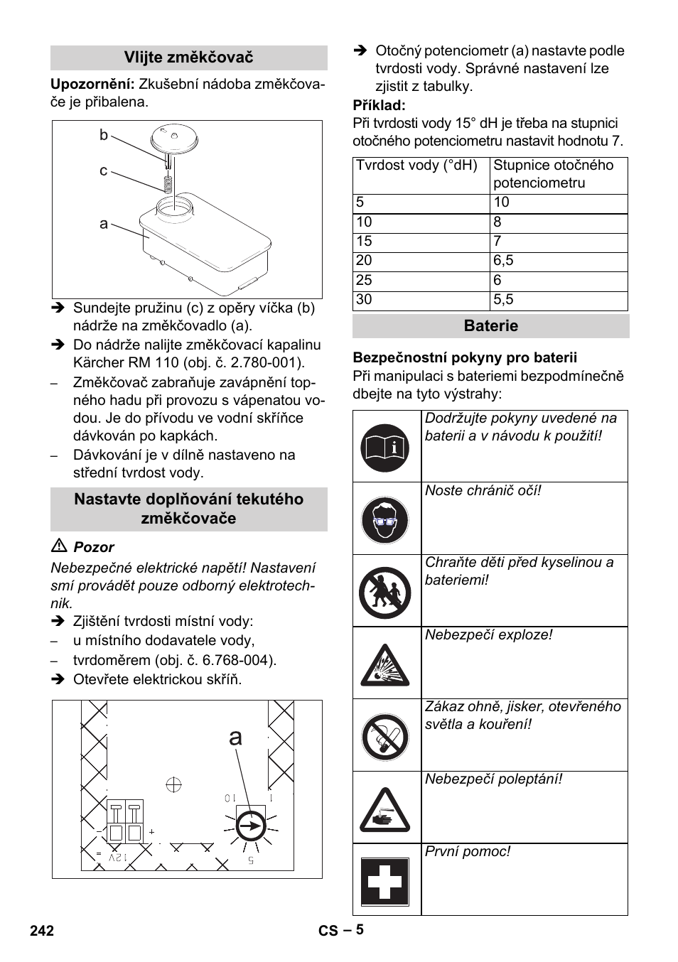 Vlijte změkčovač, Nastavte doplňování tekutého změkčovače, Baterie | Bezpečnostní pokyny pro baterii | Karcher HDS 1000 Be User Manual | Page 242 / 436