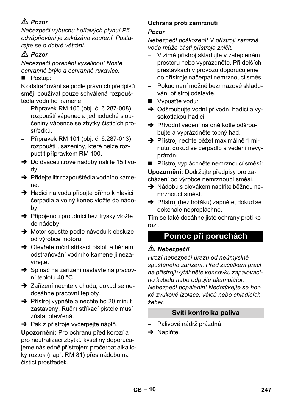 Ochrana proti zamrznutí, Pomoc při poruchách, Svítí kontrolka paliva | Karcher HDS 1000 Be User Manual | Page 247 / 436