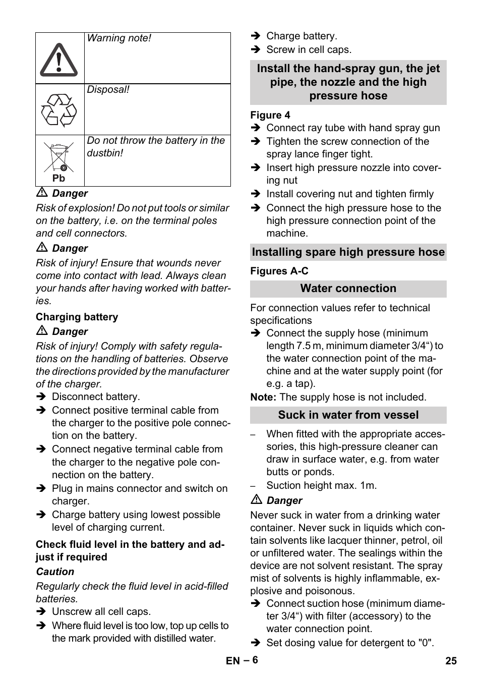 Charging battery, Installing spare high pressure hose, Water connection | Suck in water from vessel | Karcher HDS 1000 Be User Manual | Page 25 / 436