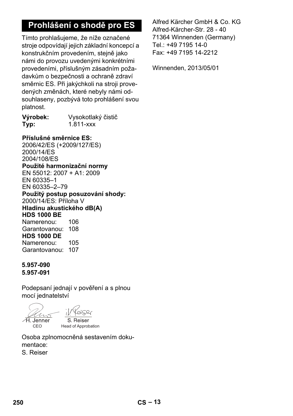 Prohlášení o shodě pro es | Karcher HDS 1000 Be User Manual | Page 250 / 436