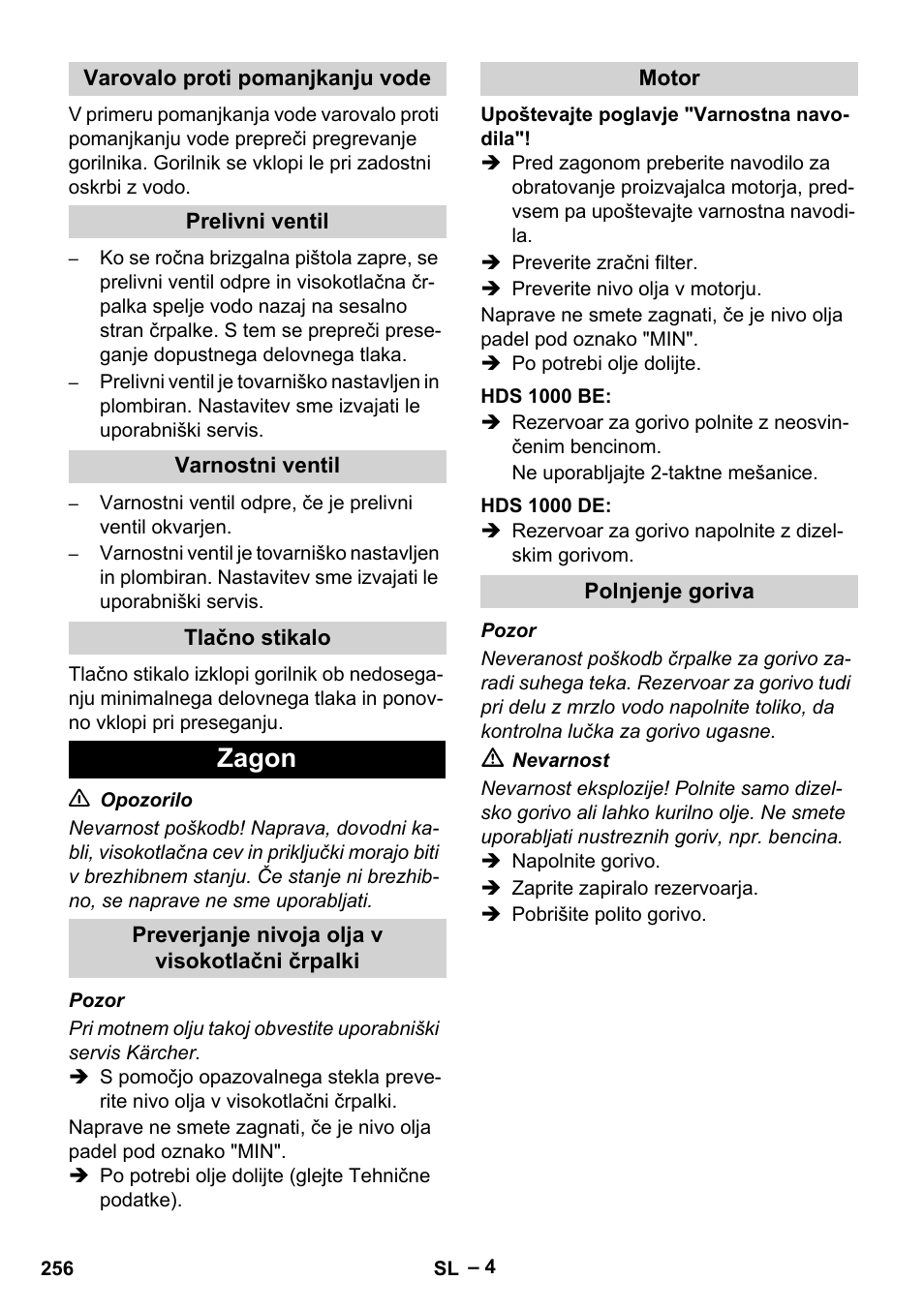 Varovalo proti pomanjkanju vode, Prelivni ventil, Varnostni ventil | Tlačno stikalo, Zagon, Preverjanje nivoja olja v visokotlačni črpalki, Motor, Hds 1000 be, Hds 1000 de, Polnjenje goriva | Karcher HDS 1000 Be User Manual | Page 256 / 436