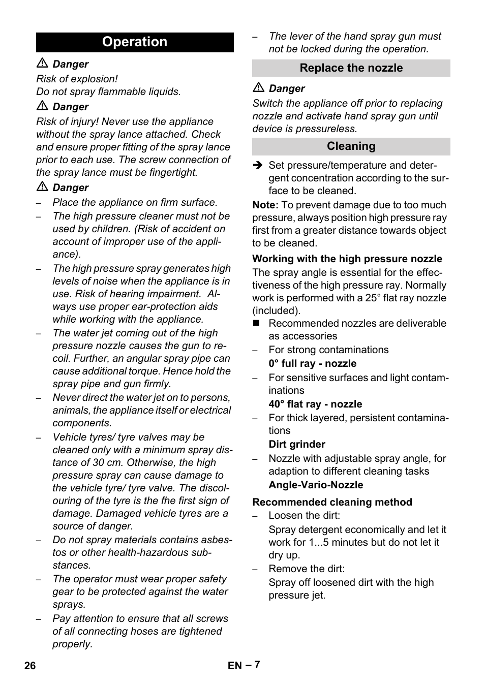 Operation, Replace the nozzle, Cleaning | Working with the high pressure nozzle, Recommended cleaning method | Karcher HDS 1000 Be User Manual | Page 26 / 436