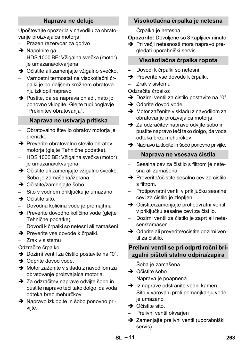 Naprava ne deluje, Naprava ne ustvarja pritiska, Visokotlačna črpalka je netesna | Visokotlačna črpalka ropota, Naprava ne vsesava čistila | Karcher HDS 1000 Be User Manual | Page 263 / 436