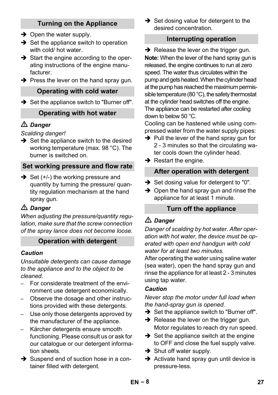 Turning on the appliance, Operating with cold water, Operating with hot water | Set working pressure and flow rate, Operation with detergent, Interrupting operation, After operation with detergent, Turn off the appliance | Karcher HDS 1000 Be User Manual | Page 27 / 436