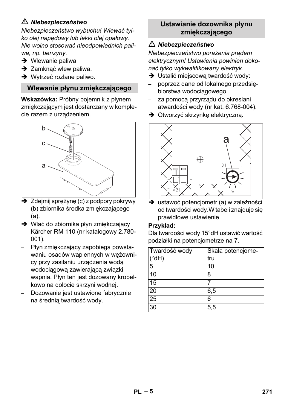 Wlewanie płynu zmiękczającego, Ustawianie dozownika płynu zmiękczającego | Karcher HDS 1000 Be User Manual | Page 271 / 436