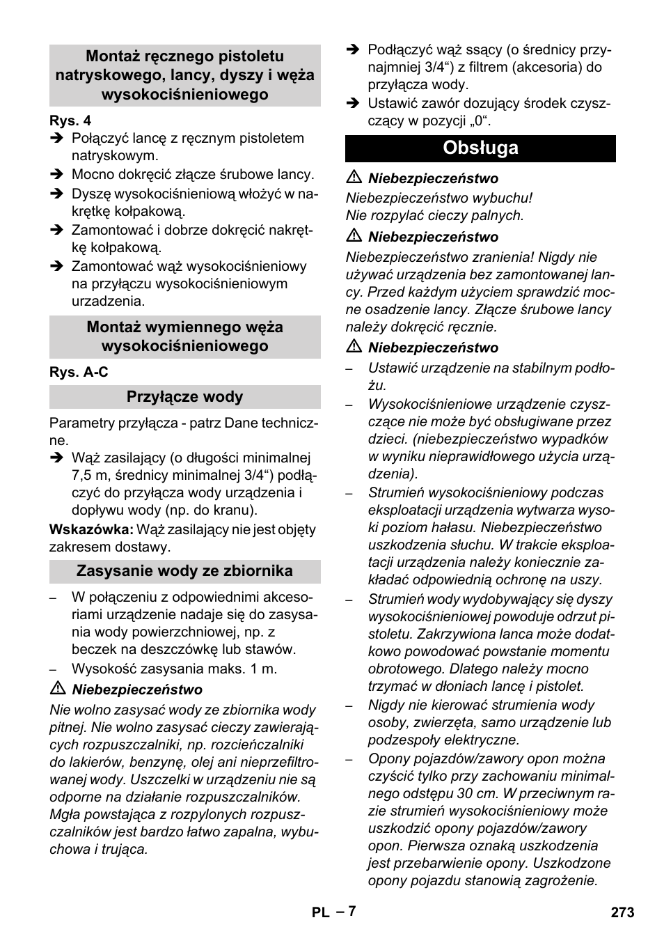 Montaż wymiennego węża wysokociśnieniowego, Przyłącze wody, Zasysanie wody ze zbiornika | Obsługa | Karcher HDS 1000 Be User Manual | Page 273 / 436