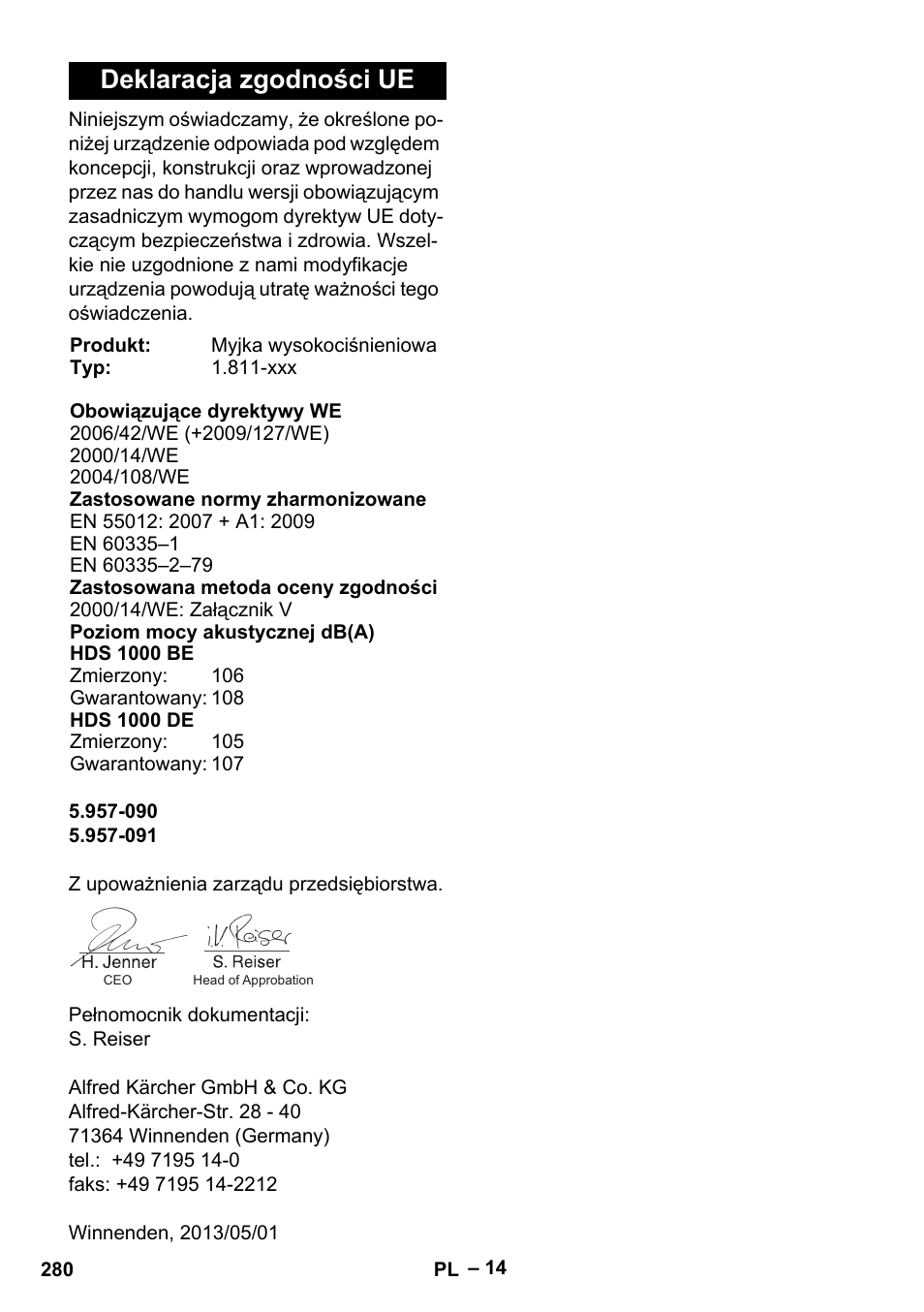 Deklaracja zgodności ue | Karcher HDS 1000 Be User Manual | Page 280 / 436