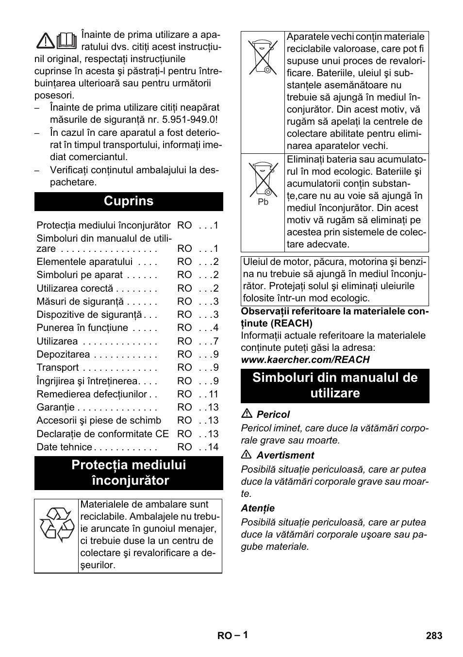 Româneşte, Cuprins, Protecţia mediului înconjurător | Simboluri din manualul de utilizare | Karcher HDS 1000 Be User Manual | Page 283 / 436