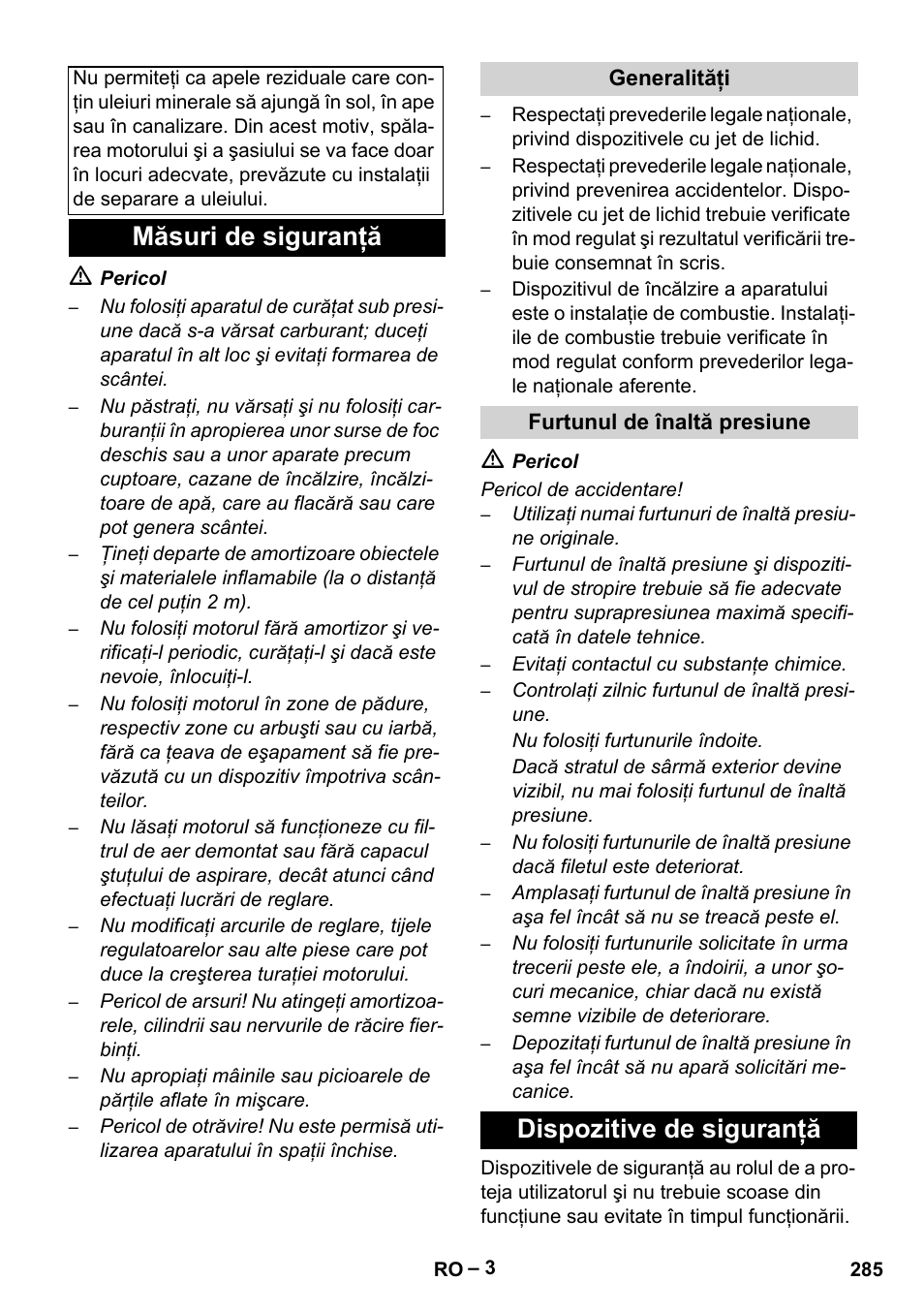 Măsuri de siguranţă, Generalităţi, Furtunul de înaltă presiune | Dispozitive de siguranţă | Karcher HDS 1000 Be User Manual | Page 285 / 436