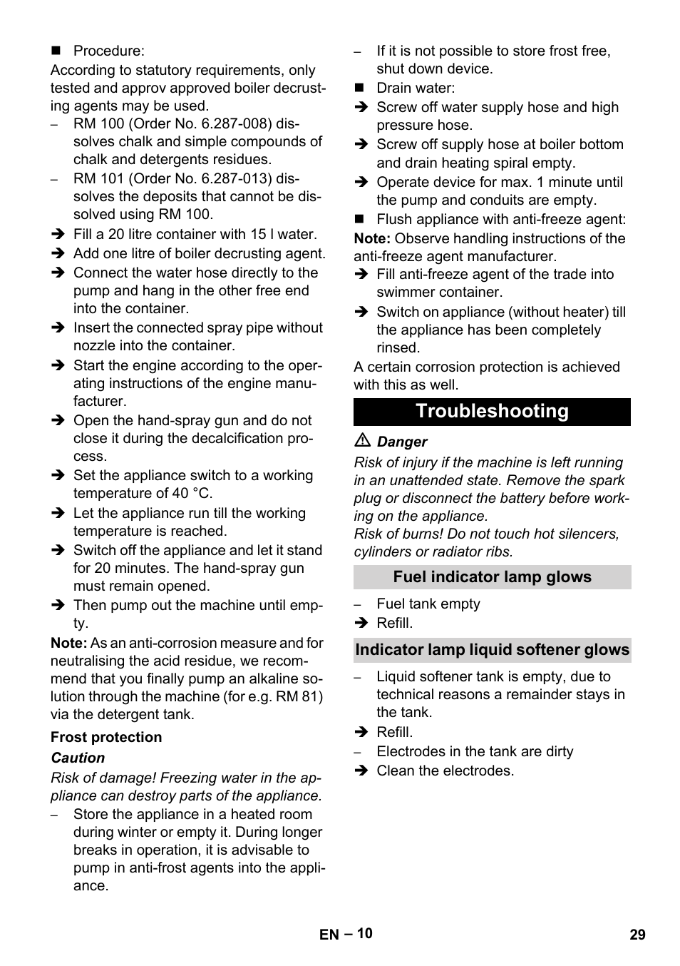 Frost protection, Troubleshooting, Fuel indicator lamp glows | Indicator lamp liquid softener glows | Karcher HDS 1000 Be User Manual | Page 29 / 436