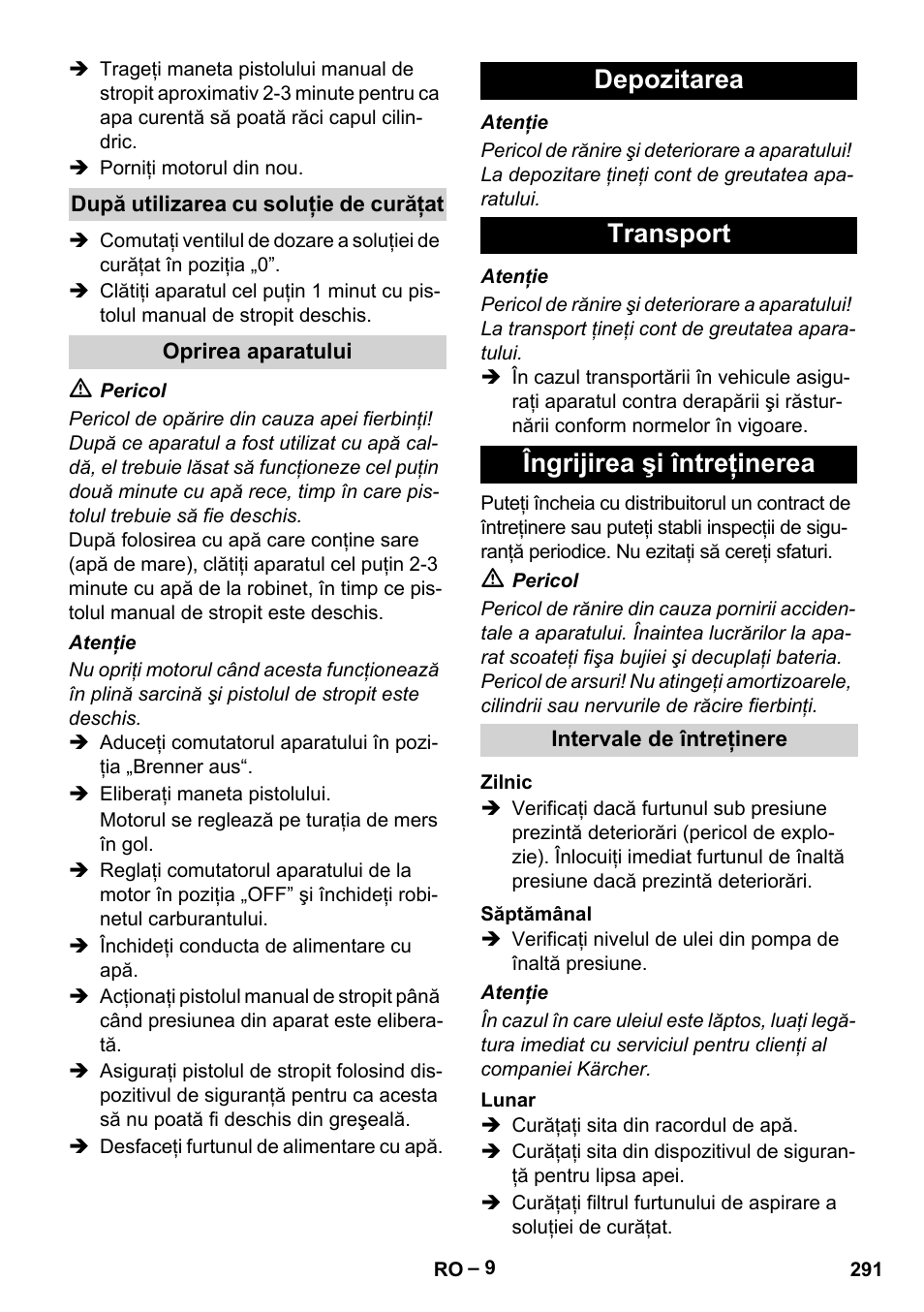 După utilizarea cu soluţie de curăţat, Oprirea aparatului, Depozitarea | Transport, Îngrijirea şi întreţinerea, Intervale de întreţinere, Zilnic, Săptămânal, Lunar, Depozitarea transport îngrijirea şi întreţinerea | Karcher HDS 1000 Be User Manual | Page 291 / 436