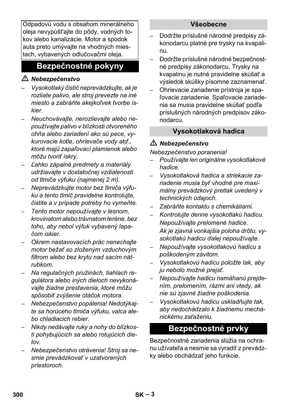 Bezpečnostné pokyny, Všeobecne, Vysokotlaková hadica | Bezpečnostné prvky | Karcher HDS 1000 Be User Manual | Page 300 / 436