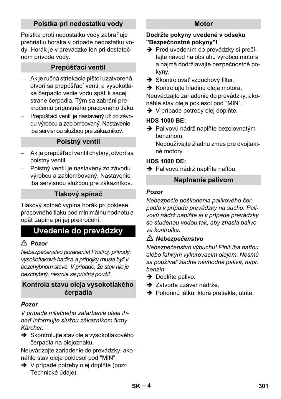 Poistka pri nedostatku vody, Prepúšťací ventil, Poistný ventil | Tlakový spínač, Uvedenie do prevádzky, Kontrola stavu oleja vysokotlakého čerpadla, Motor, Hds 1000 be, Hds 1000 de, Naplnenie palivom | Karcher HDS 1000 Be User Manual | Page 301 / 436