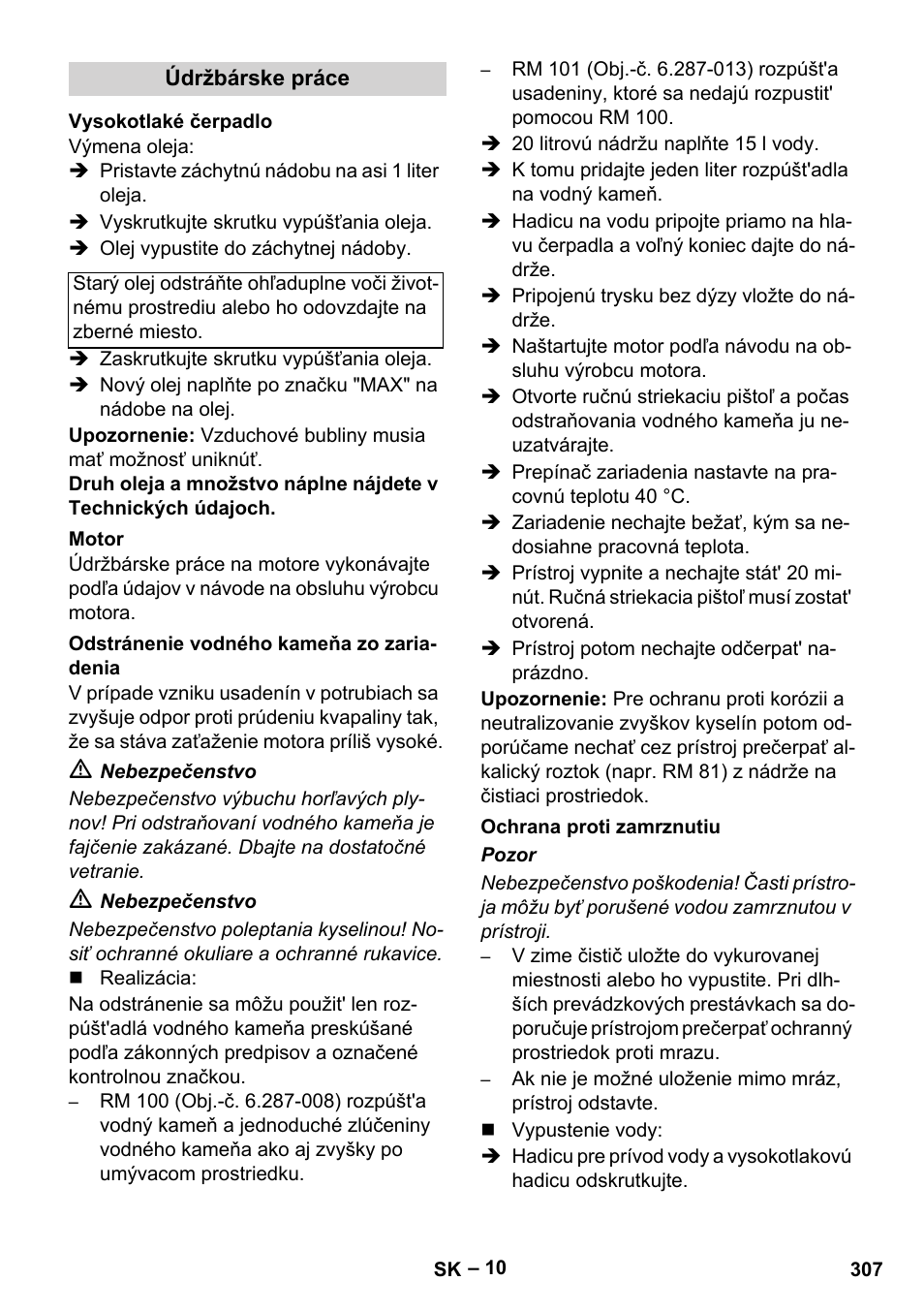 Údržbárske práce, Vysokotlaké čerpadlo, Motor | Odstránenie vodného kameňa zo zariadenia, Ochrana proti zamrznutiu | Karcher HDS 1000 Be User Manual | Page 307 / 436