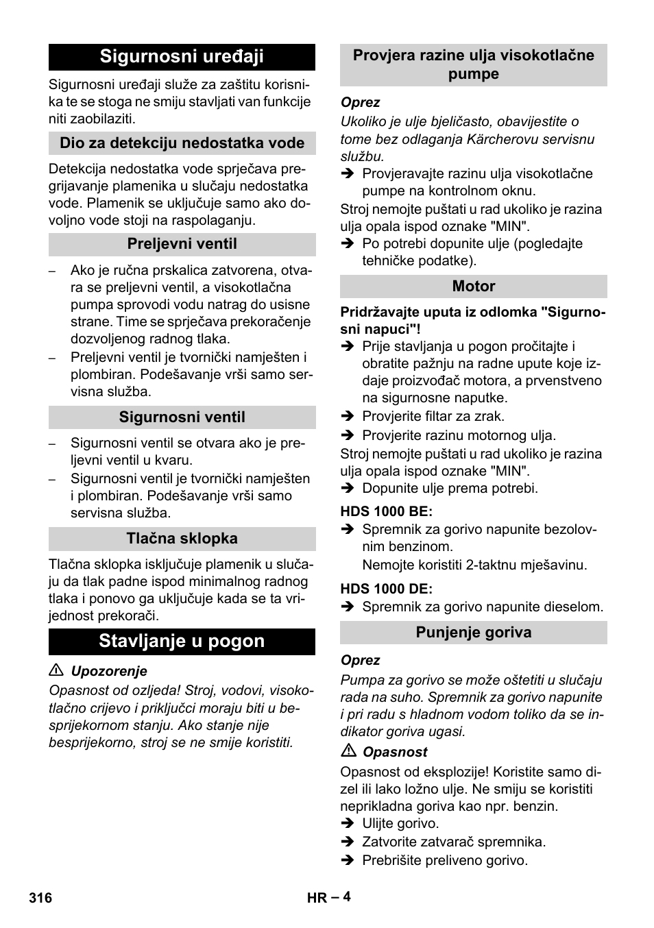 Sigurnosni uređaji, Dio za detekciju nedostatka vode, Preljevni ventil | Sigurnosni ventil, Tlačna sklopka, Stavljanje u pogon, Provjera razine ulja visokotlačne pumpe, Motor, Hds 1000 be, Hds 1000 de | Karcher HDS 1000 Be User Manual | Page 316 / 436