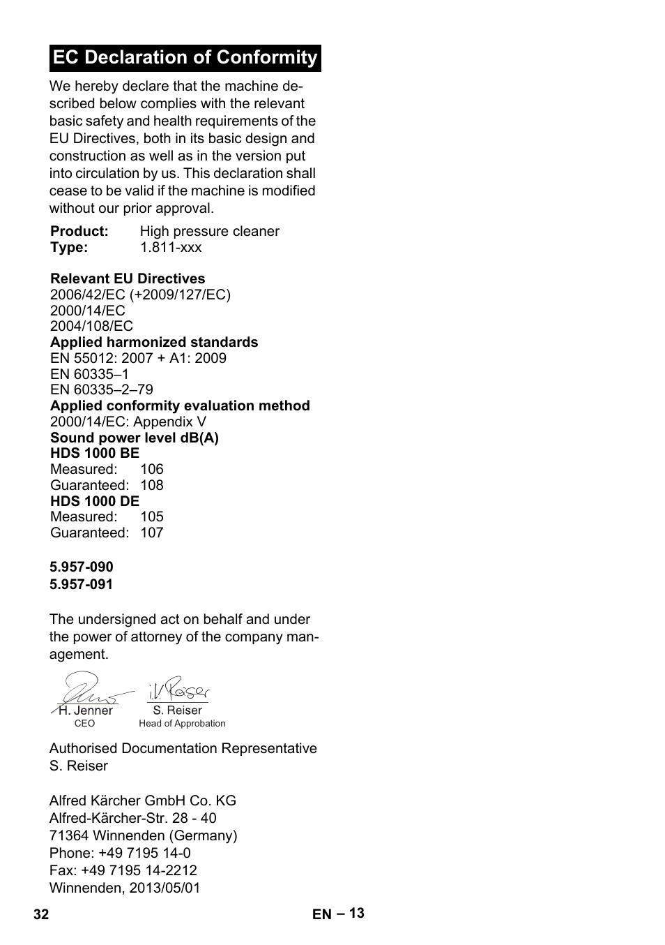 Ec declaration of conformity | Karcher HDS 1000 Be User Manual | Page 32 / 436