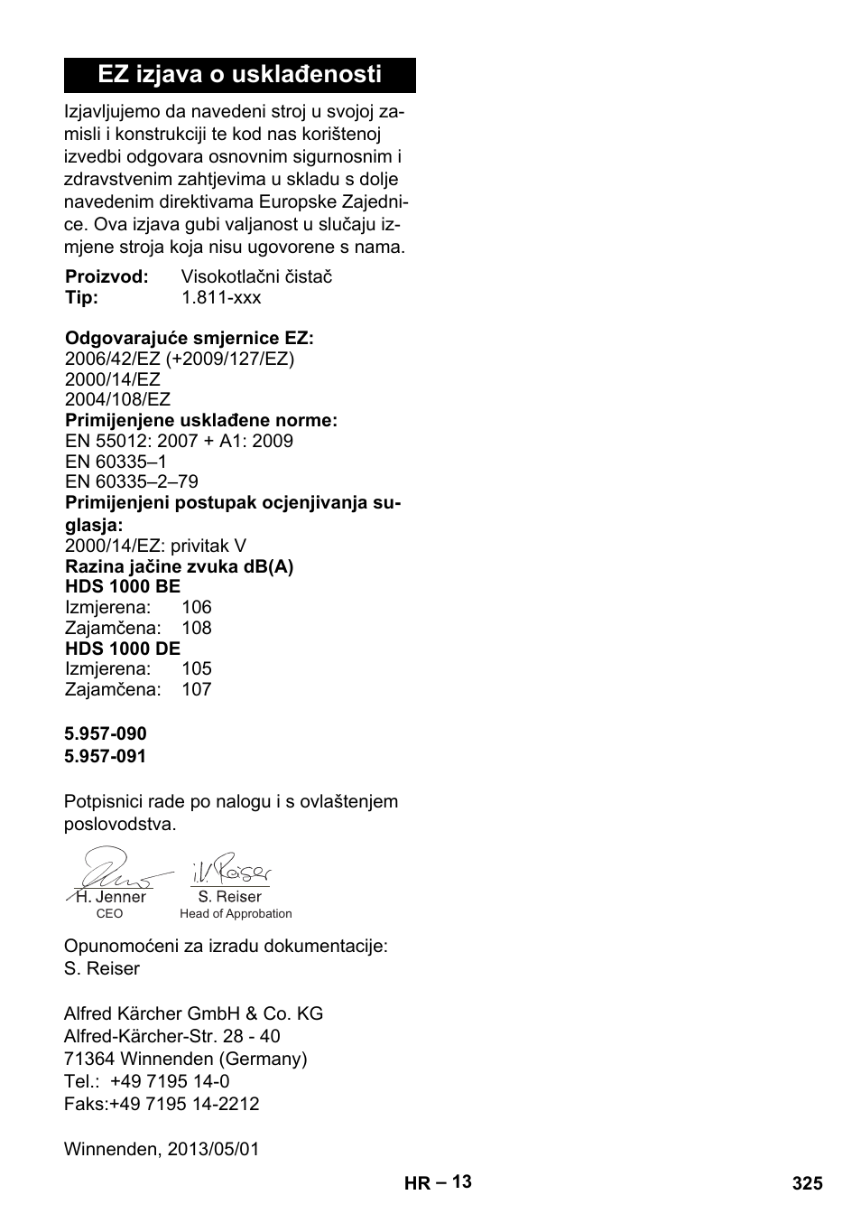 Ez izjava o usklađenosti | Karcher HDS 1000 Be User Manual | Page 325 / 436