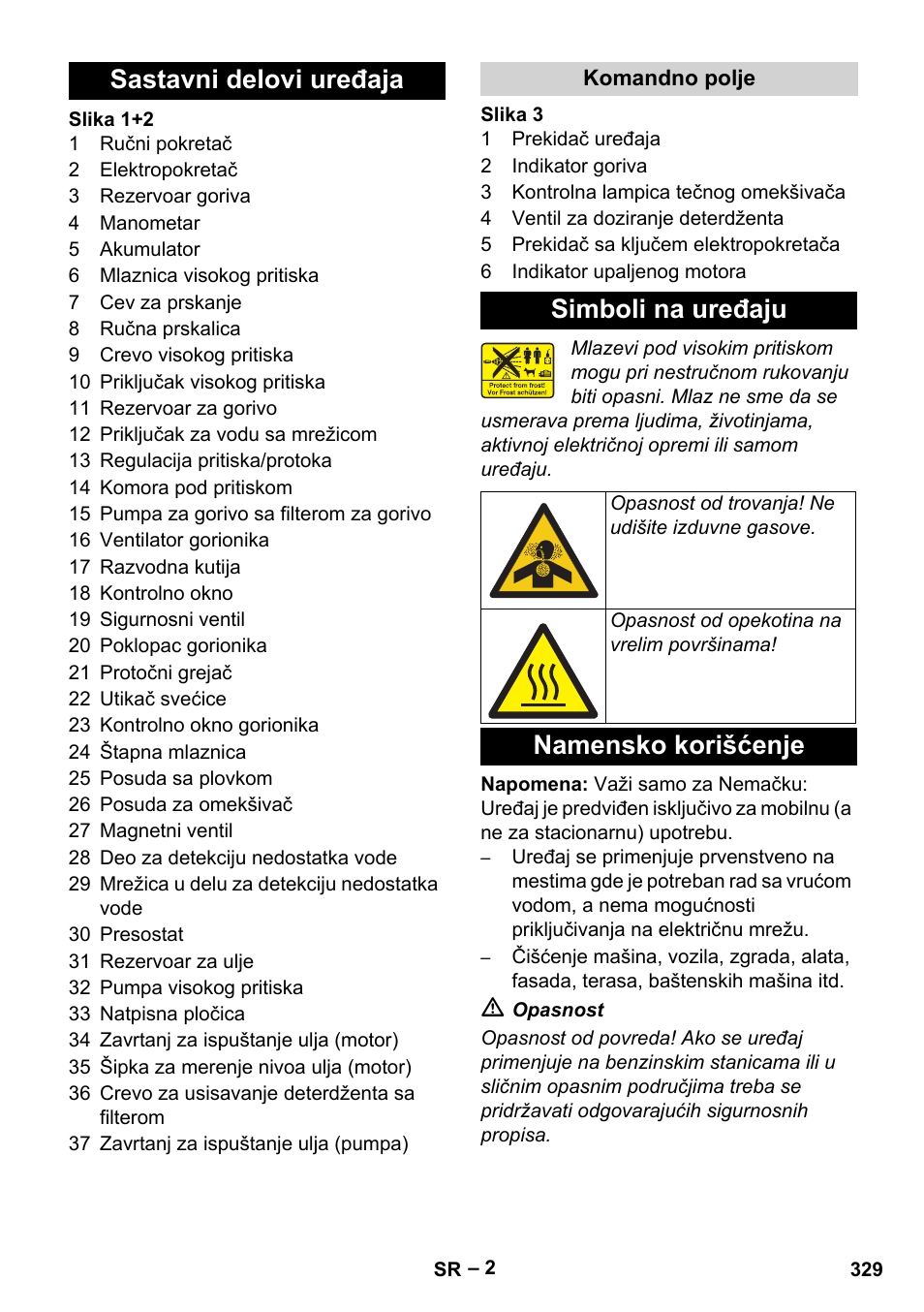 Sastavni delovi uređaja, Komandno polje, Simboli na uređaju | Namensko korišćenje | Karcher HDS 1000 Be User Manual | Page 329 / 436