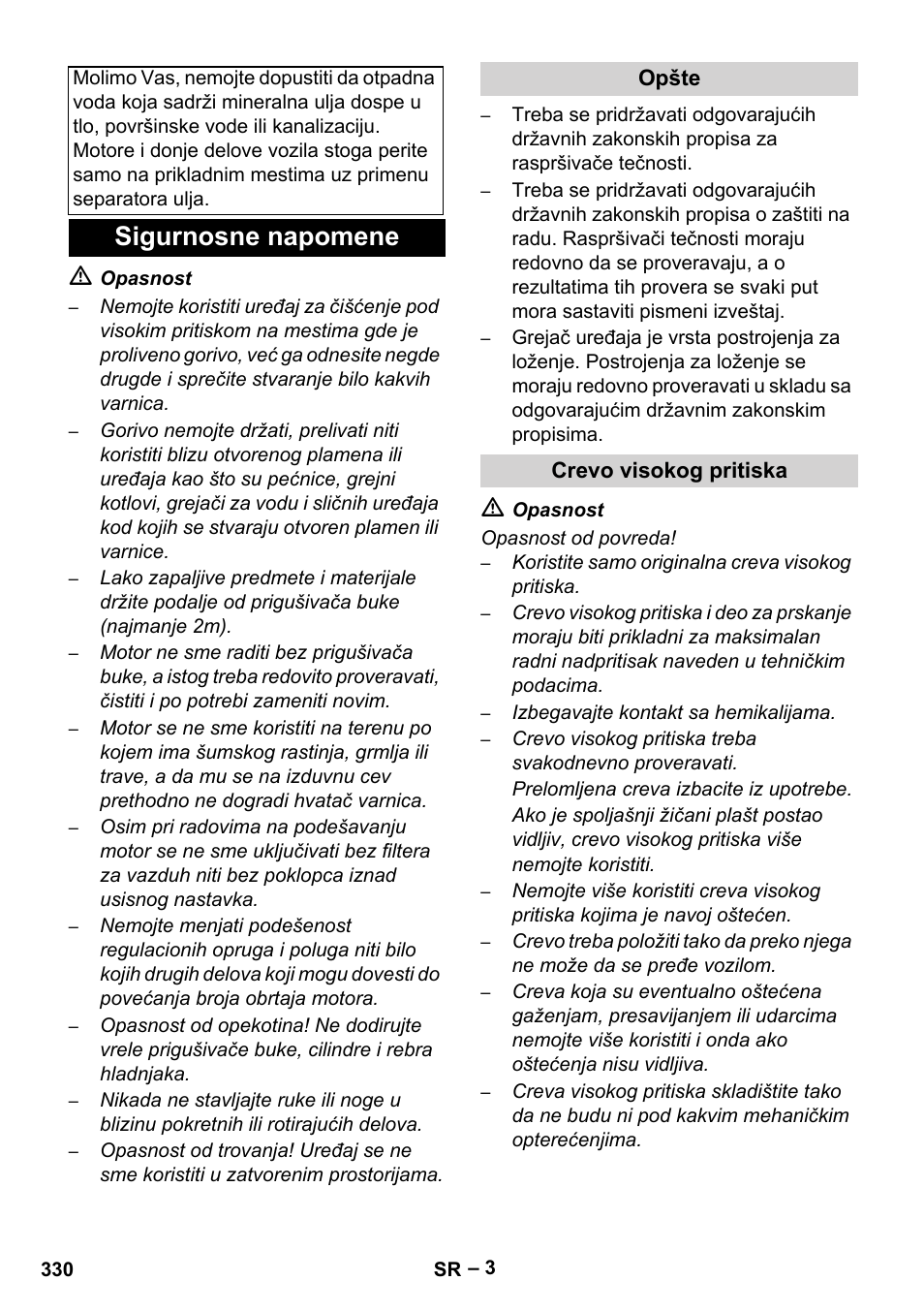 Sigurnosne napomene, Opšte, Crevo visokog pritiska | Karcher HDS 1000 Be User Manual | Page 330 / 436